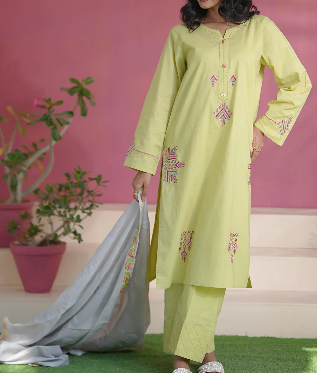 Lime Green Geometric Embroidered Suit By Winara