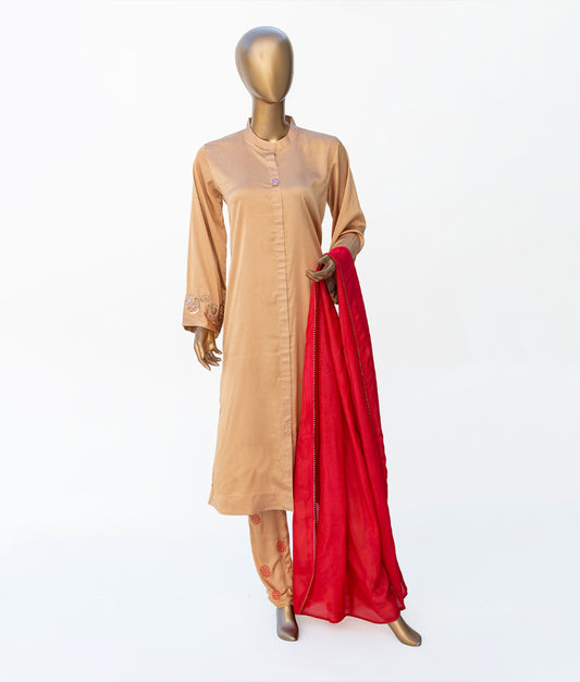 3 Piece Golden Brown Embroidered Silk Suit by Winara