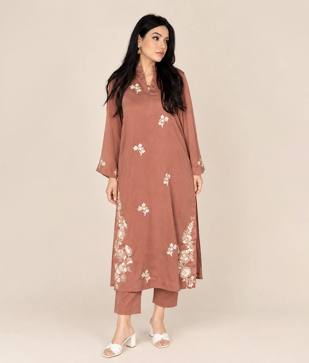 2 Piece Brown Embroidered Suit By Winara