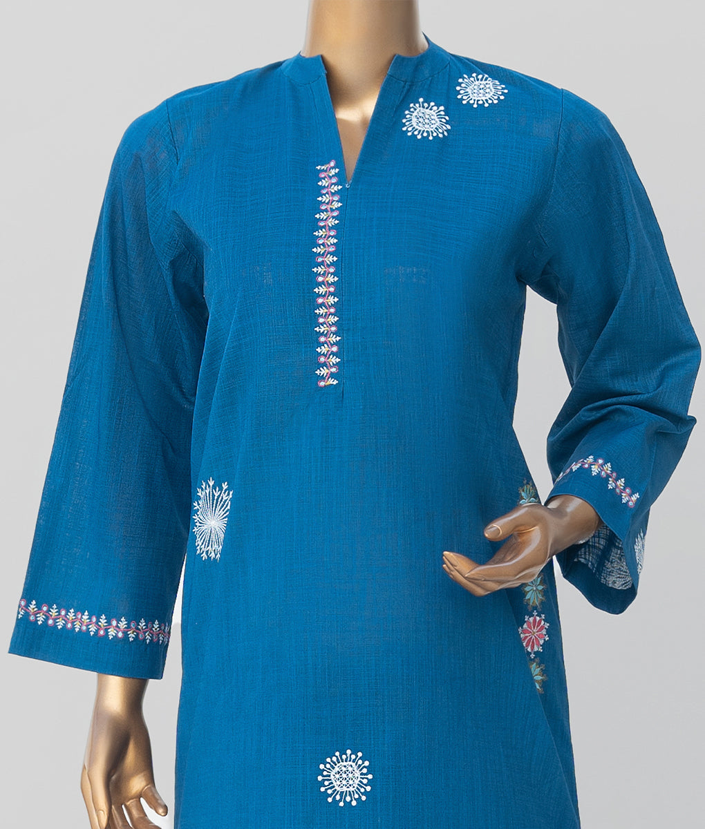 2 Piece Dark Blue Embroidered Textured Cotton Suit by Winara