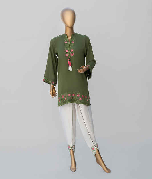 2 Piece Green and Off-white Embroidered Silk Georgette Suit by Winara