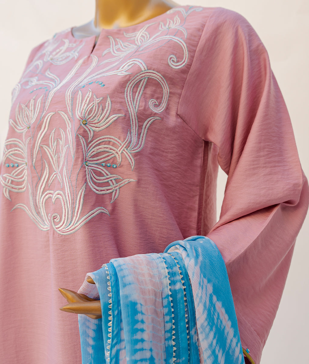 3 Piece Powder Pink Embroidered & Hand Embellished Suit by Winara