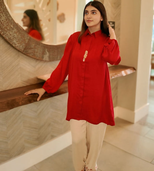 2 Piece Blood Red & Beige Embroidered Silk Co-Ord Set By Winara