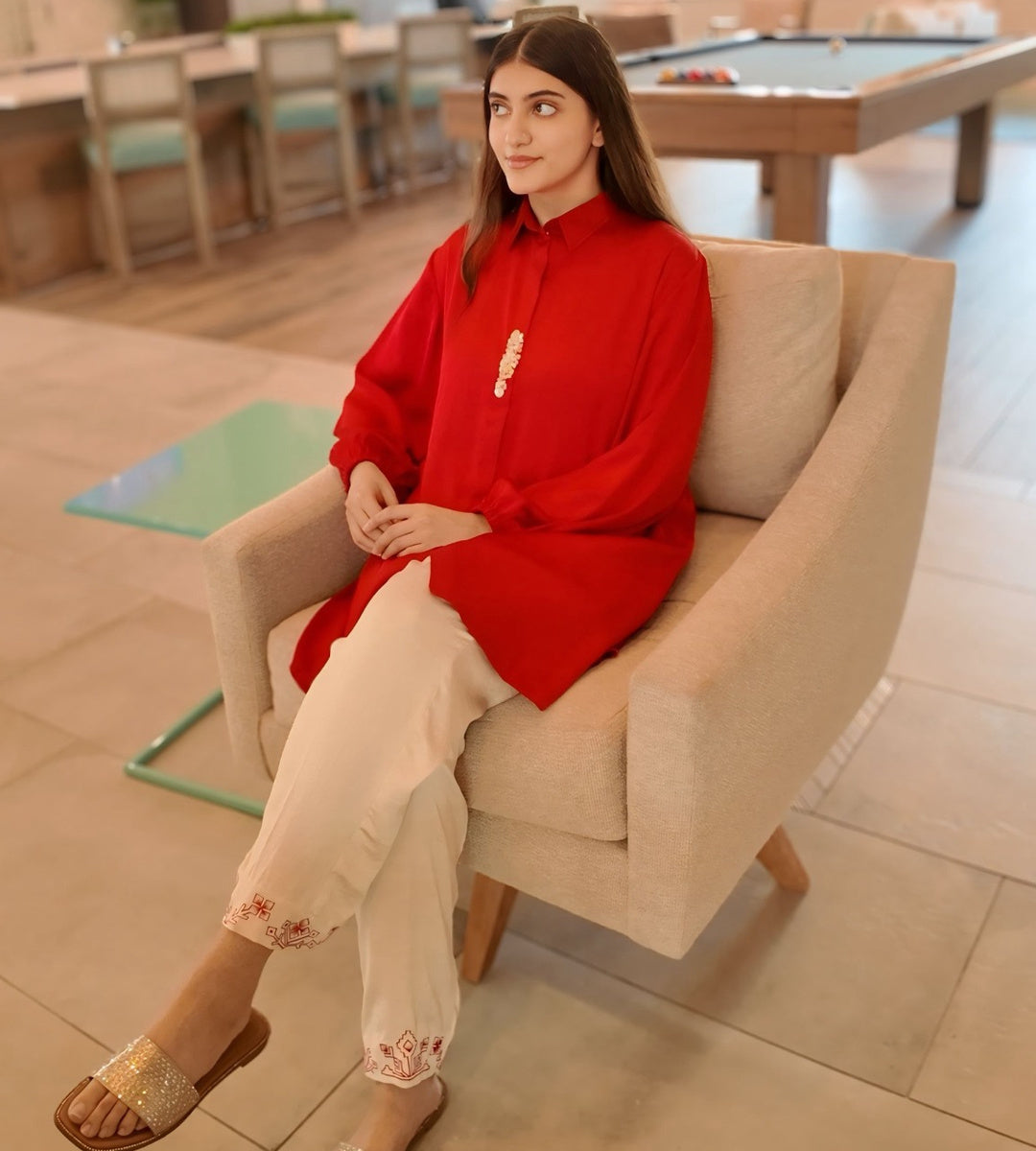 2 Piece Blood Red & Beige Embroidered Silk Co-Ord Set By Winara