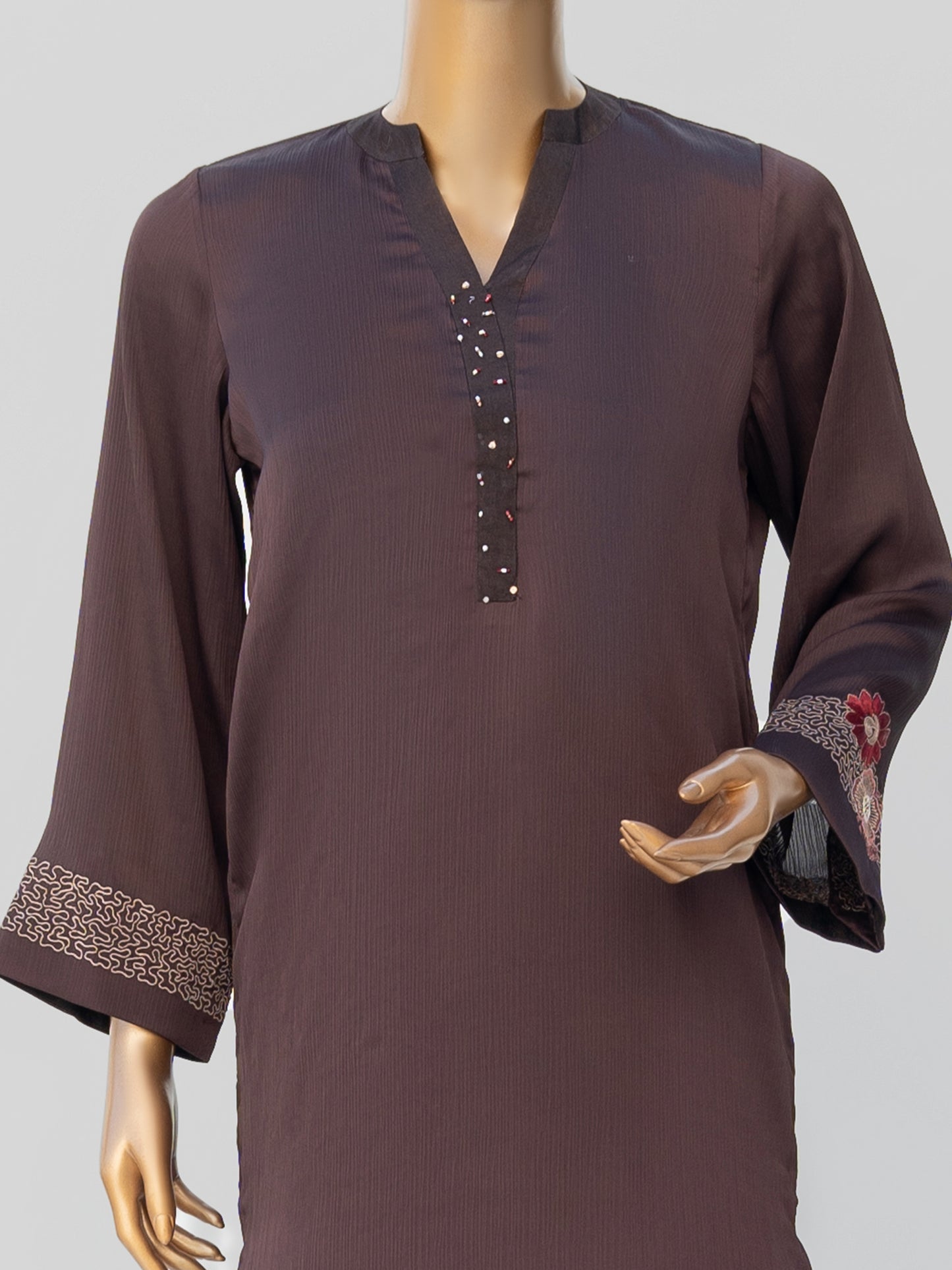 2 Piece Chocolate Brown Embroidered Crinkle Georgette Suit by Winara