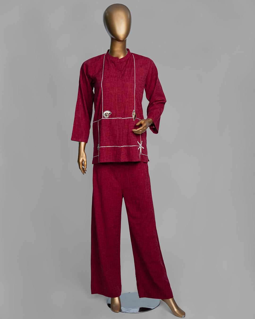 2 Piece Maroon Embroidered Shell Co-Ord Set by Winara