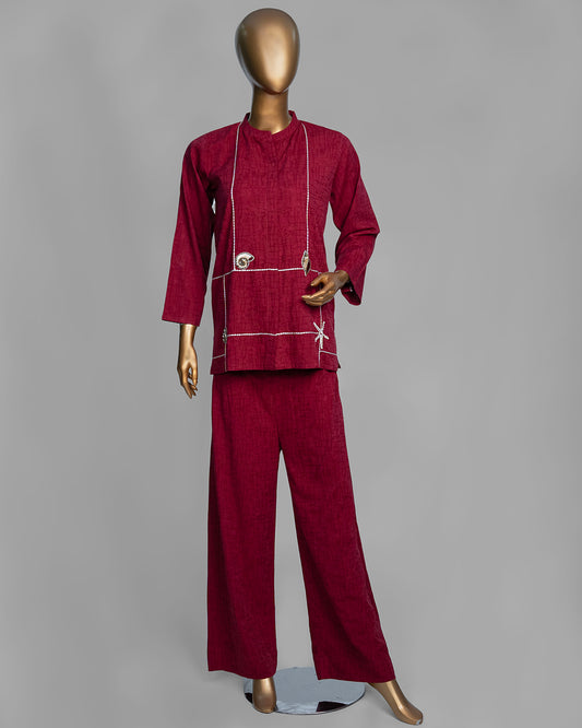 2 Piece Maroon Embroidered Shell Co-Ord Set by Winara