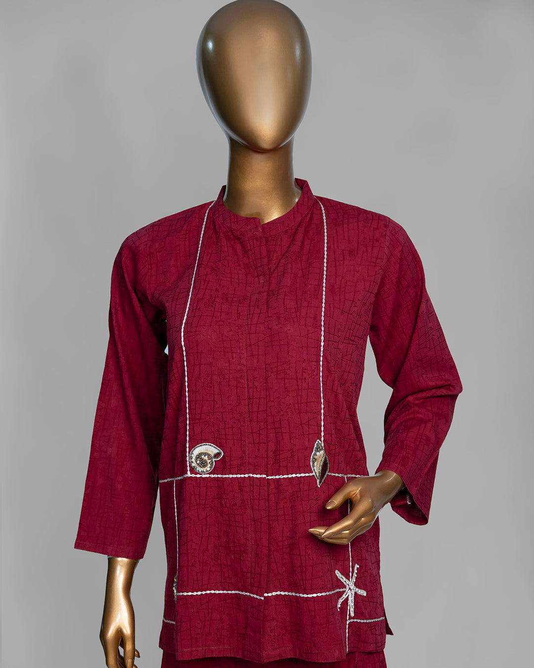 2 Piece Maroon Embroidered Shell Co-Ord Set by Winara