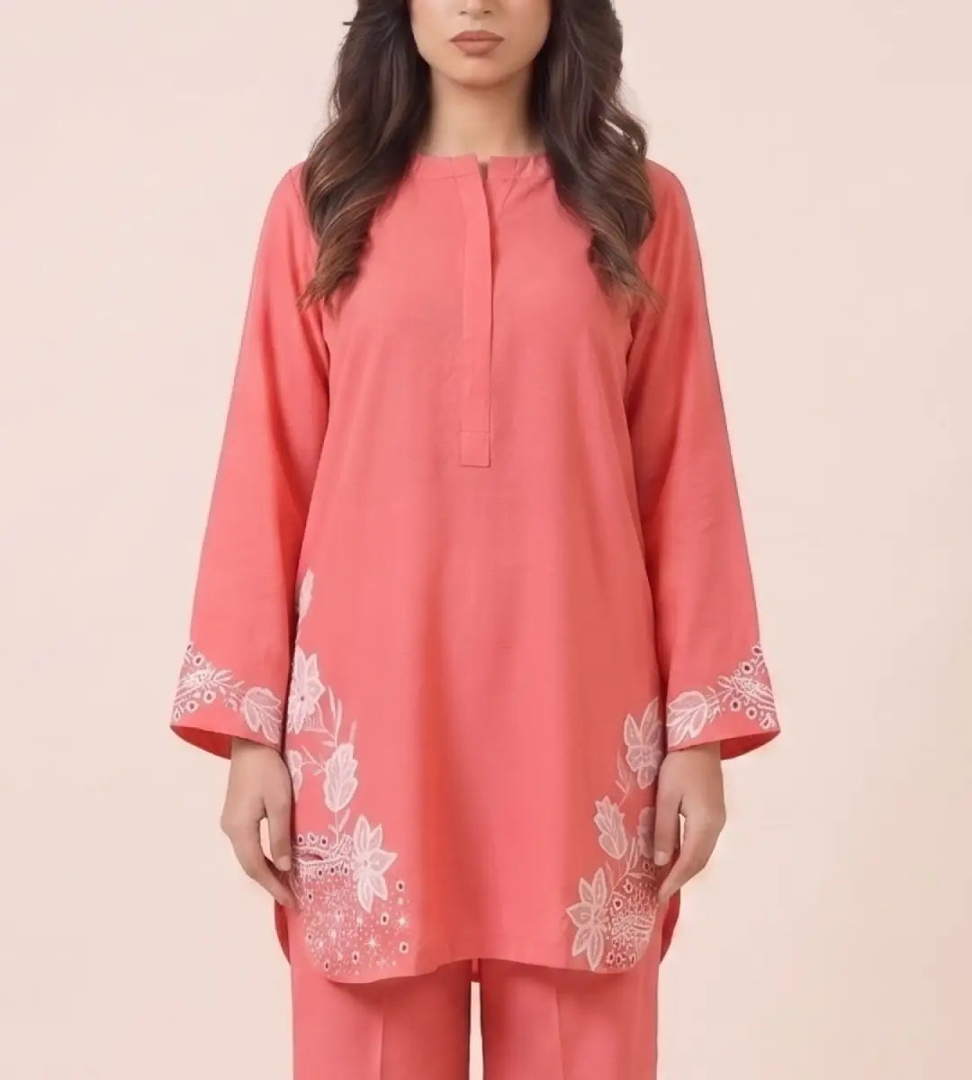 2 Piece Peach Pink Embroidered Marina Linen Suit by Winara