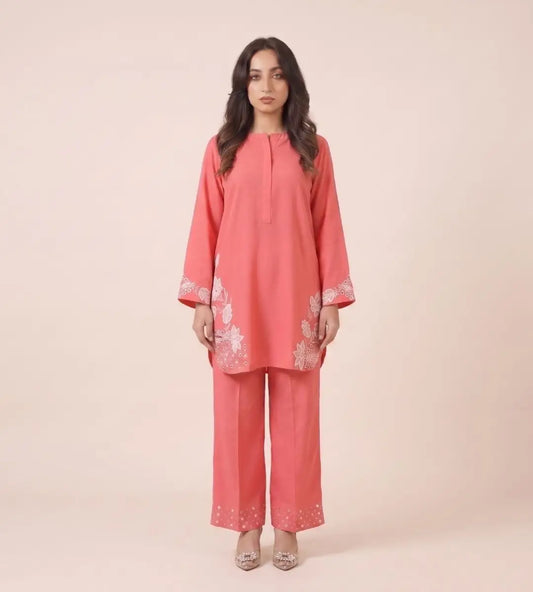2 Piece Peach Pink Embroidered Marina Linen Suit by Winara