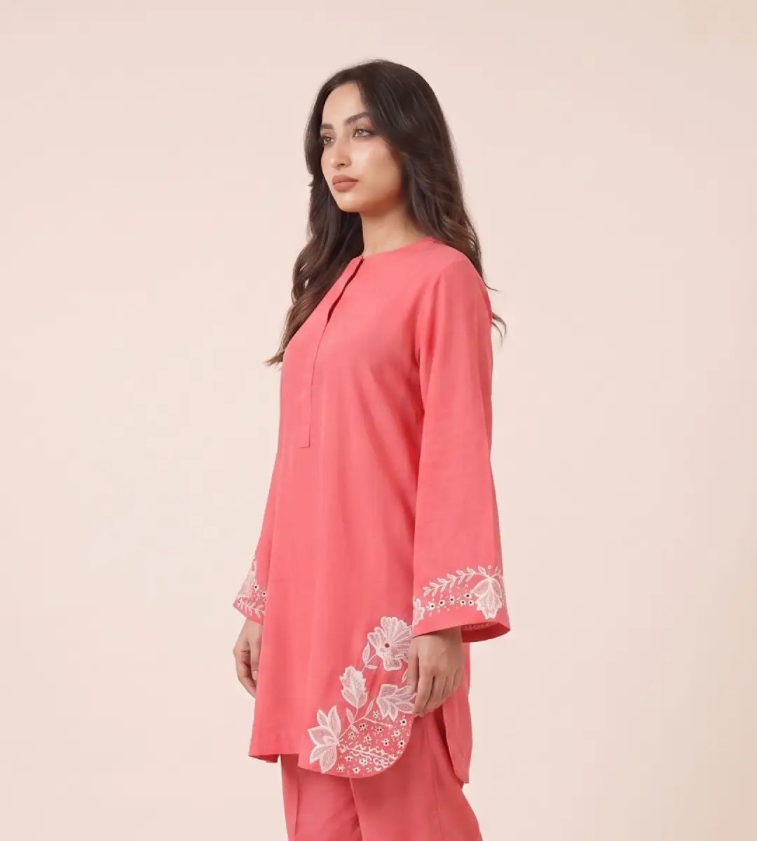 2 Piece Peach Pink Embroidered Marina Linen Suit by Winara
