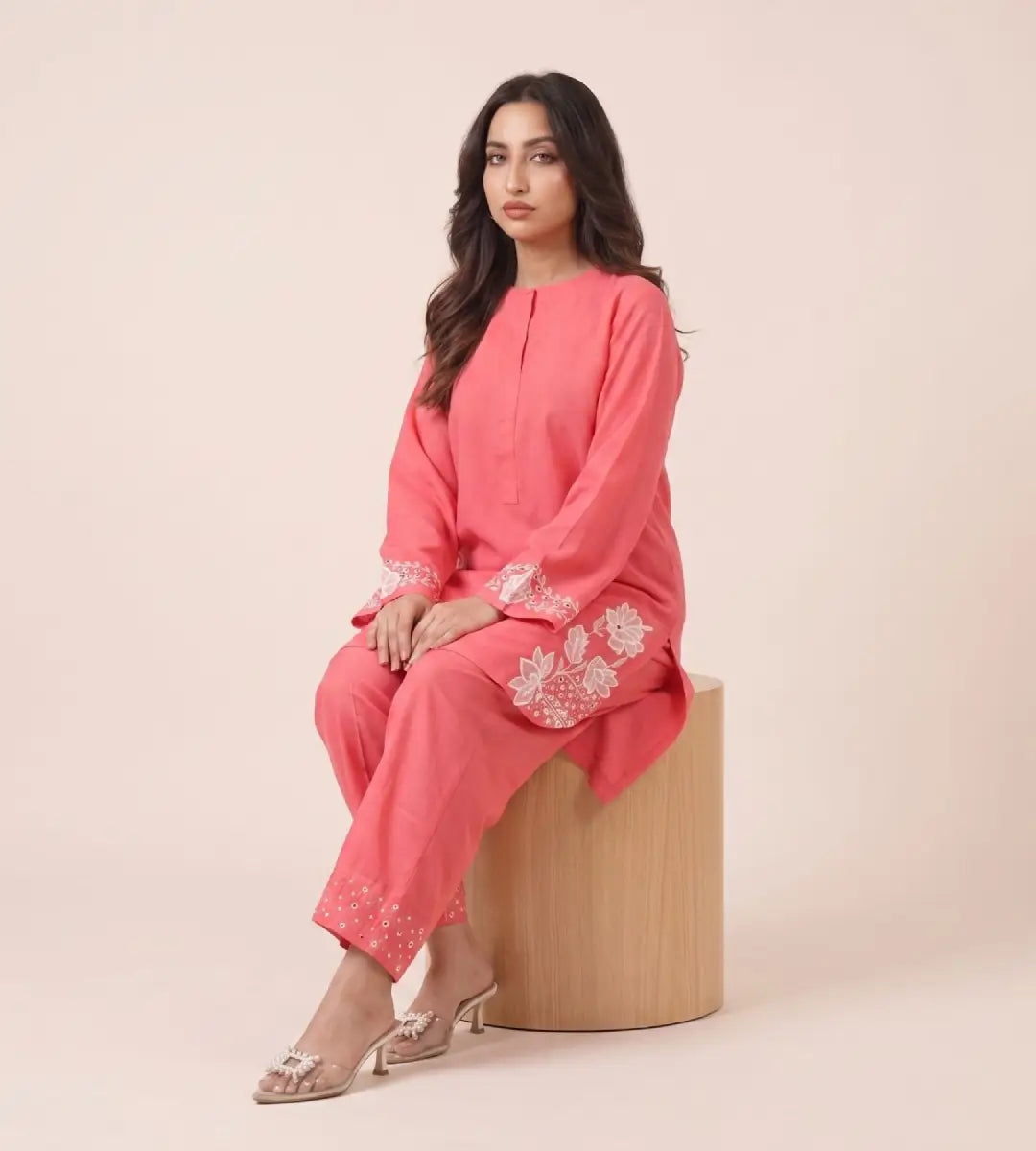 2 Piece Peach Pink Embroidered Marina Linen Suit by Winara