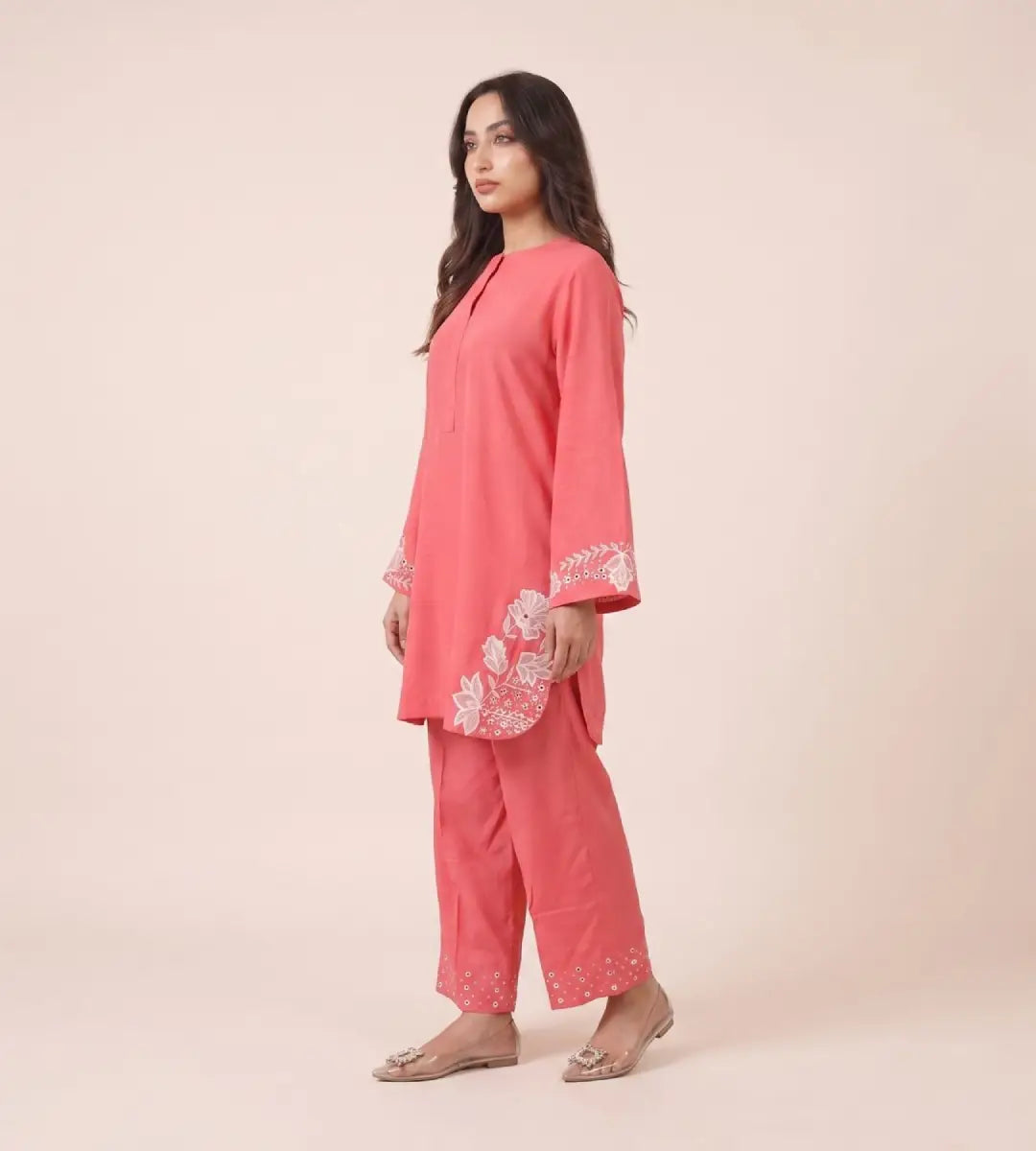 2 Piece Peach Pink Embroidered Marina Linen Suit by Winara
