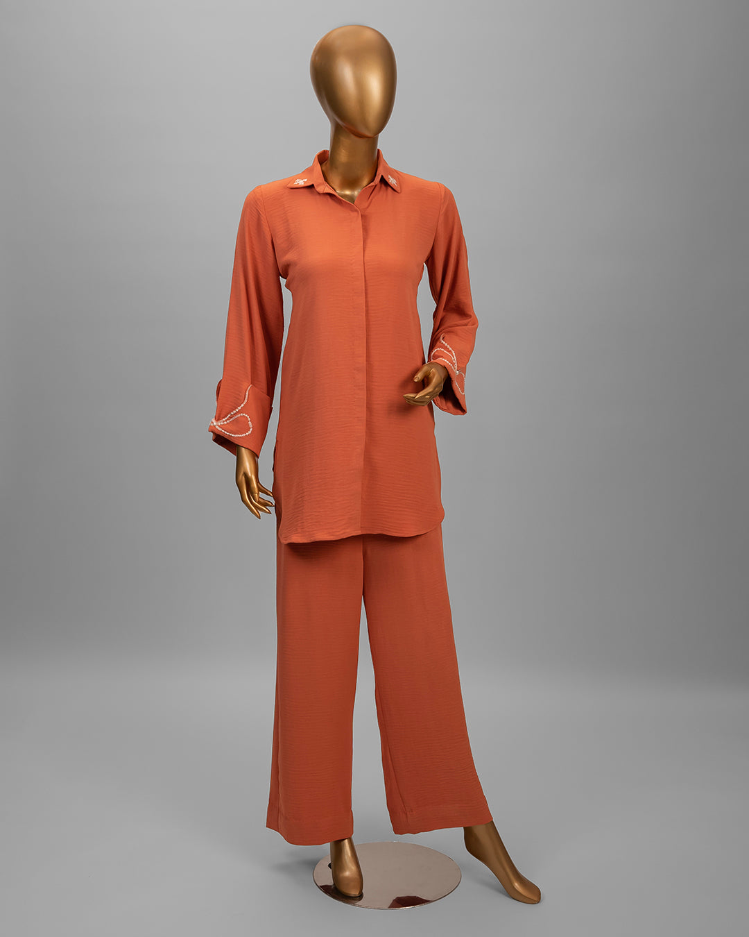 2 Piece Rust Orange Embroidered Co-Ord Set in Textured Linen by Winara