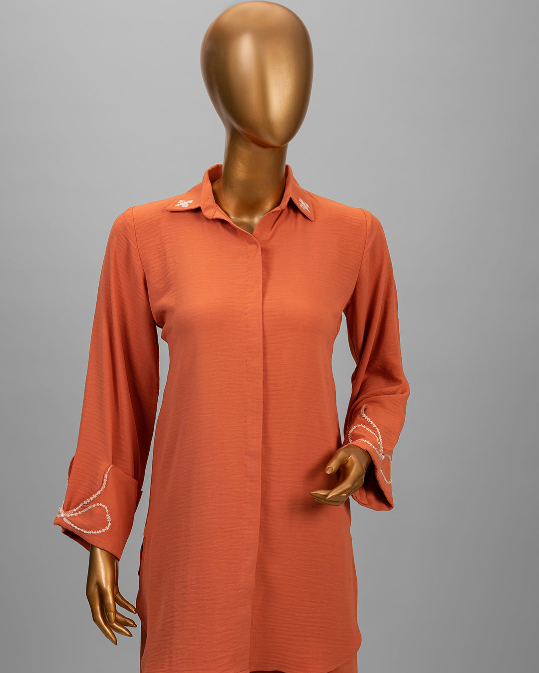 2 Piece Rust Orange Embroidered Co-Ord Set in Textured Linen by Winara