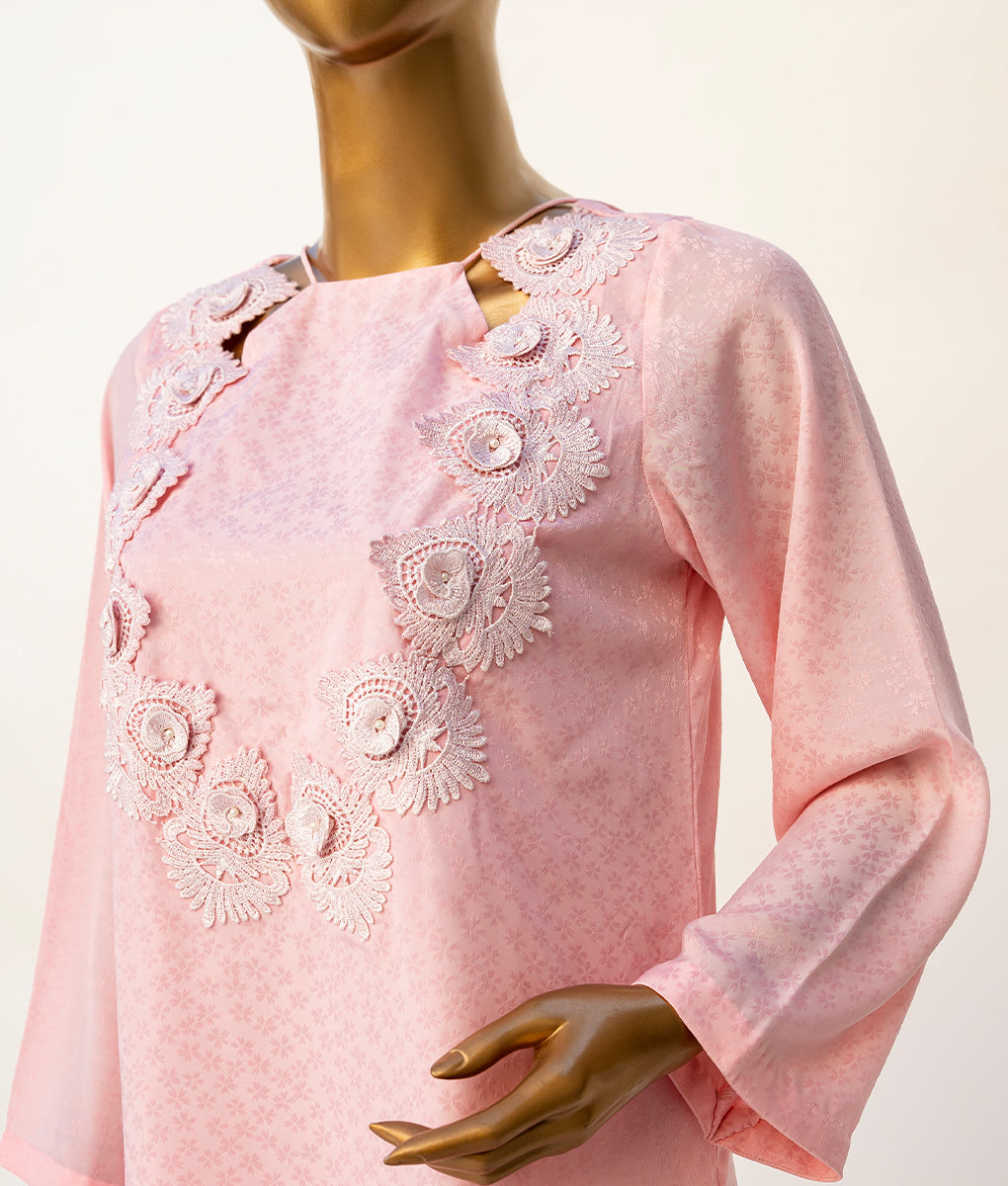 2 Piece Baby Pink Lace & Tassel Self Silk Suit by Winara