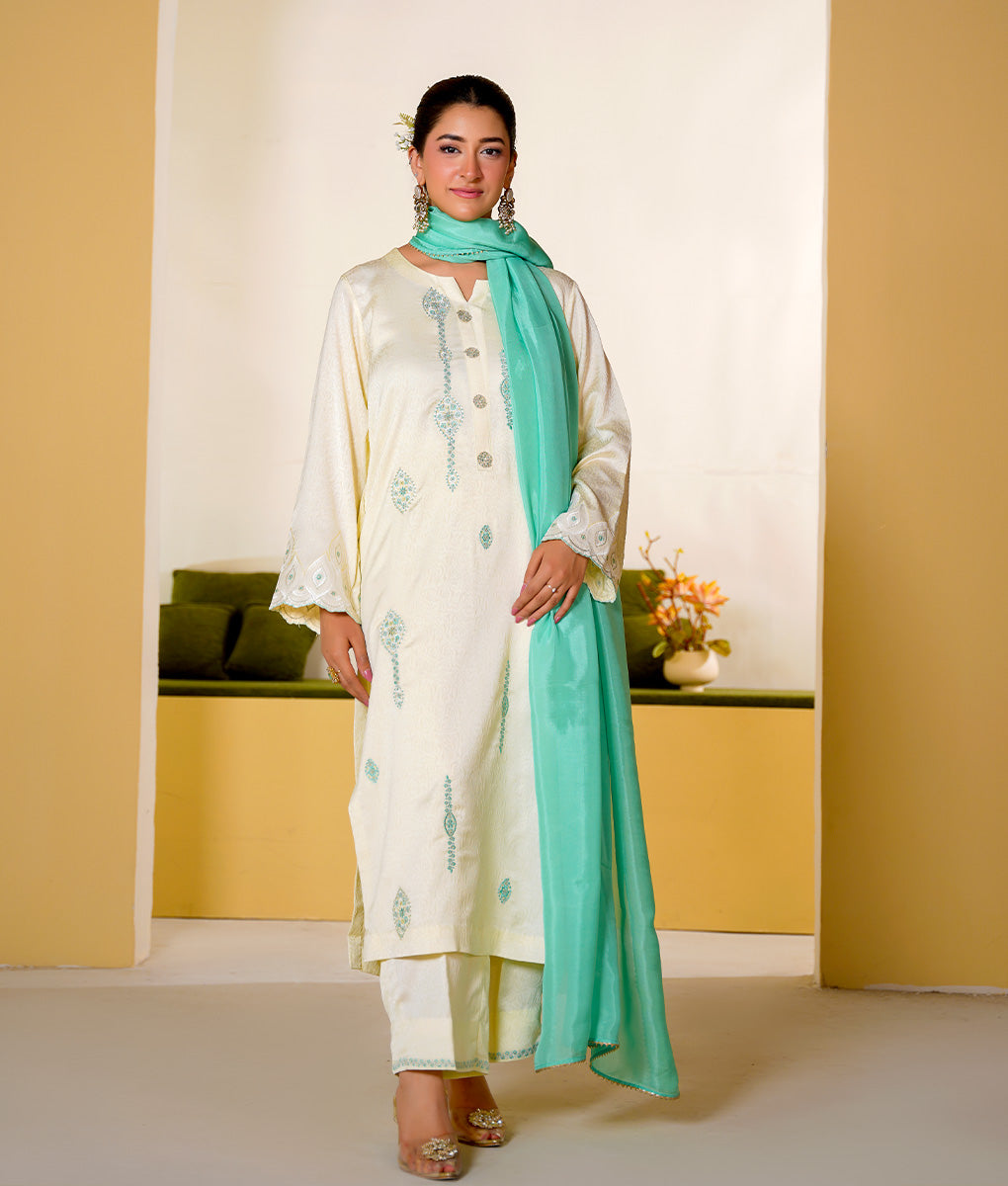 3 Piece Off-White Embroidered Suit By Winara