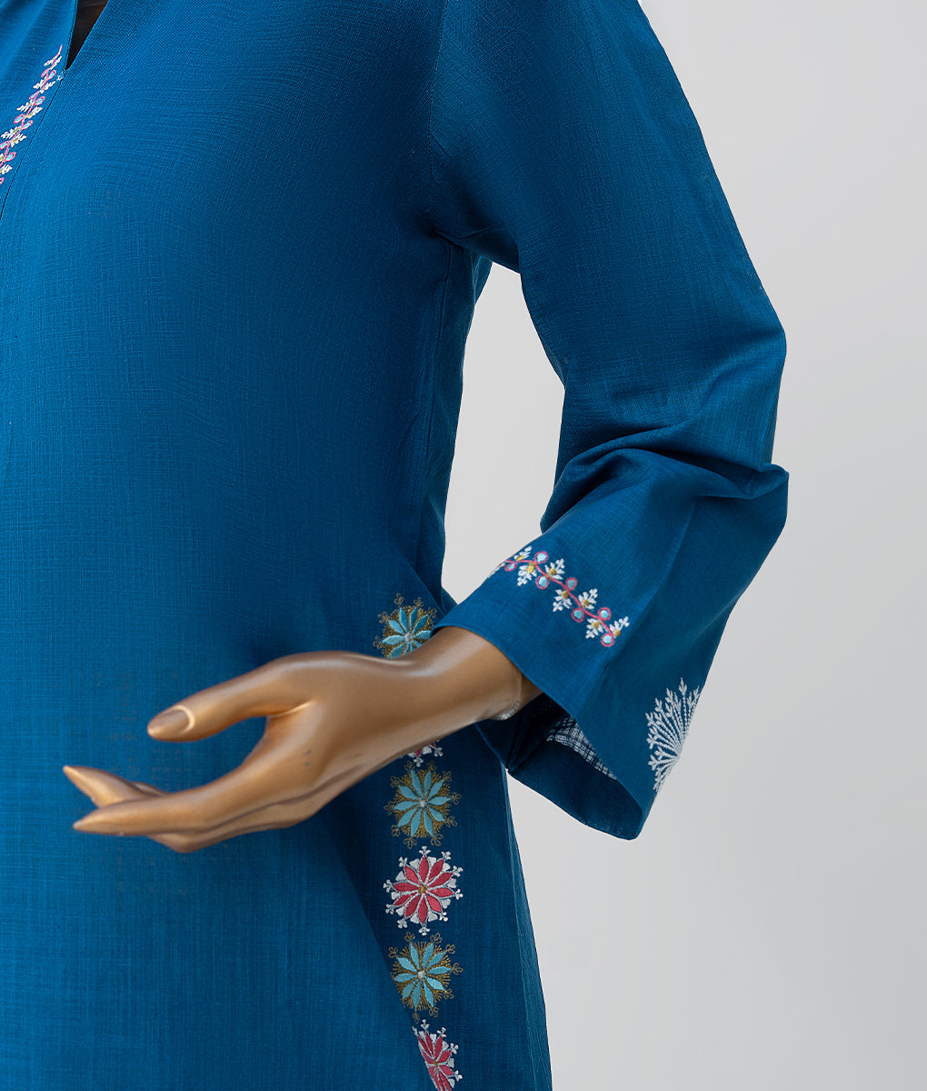 2 Piece Dark Blue Embroidered Textured Cotton Suit by Winara