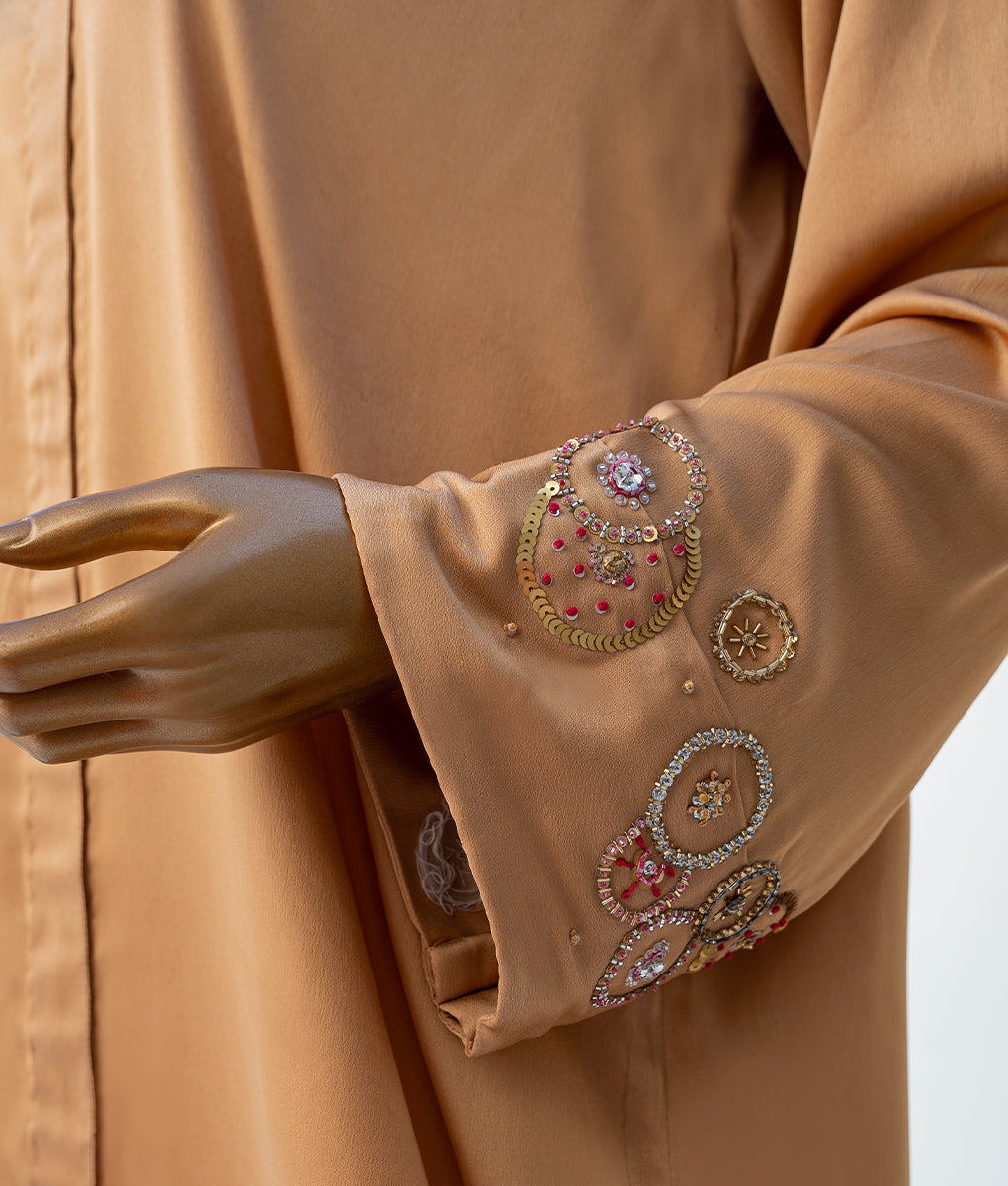 3 Piece Golden Brown Embroidered Silk Suit by Winara