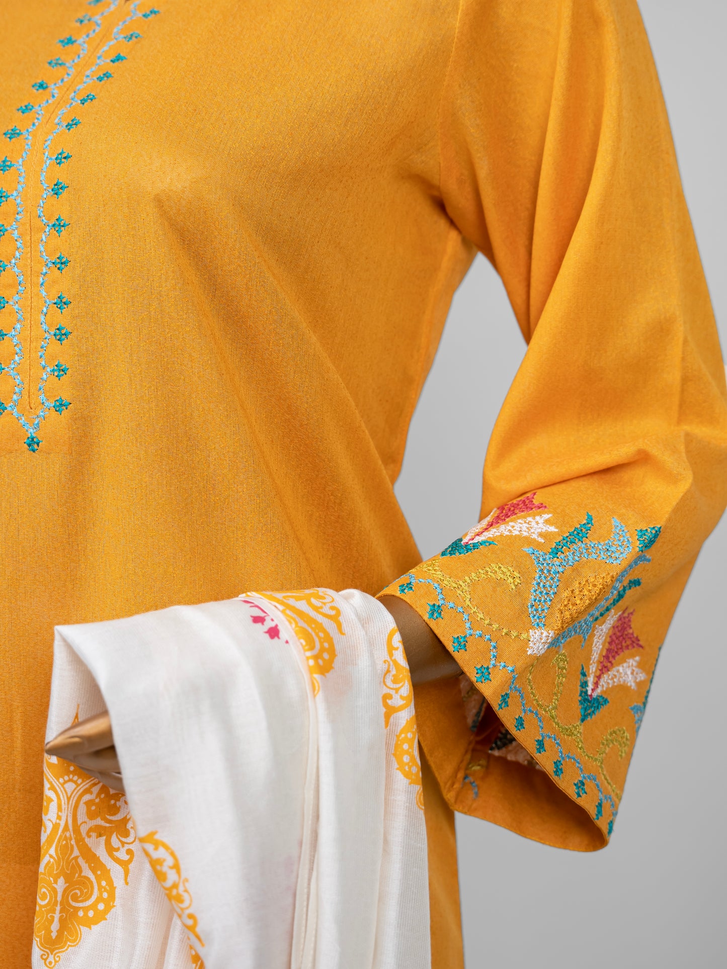 3-Piece Yellow & Offwhite Cross Stitch Embroidered Suit by Winara