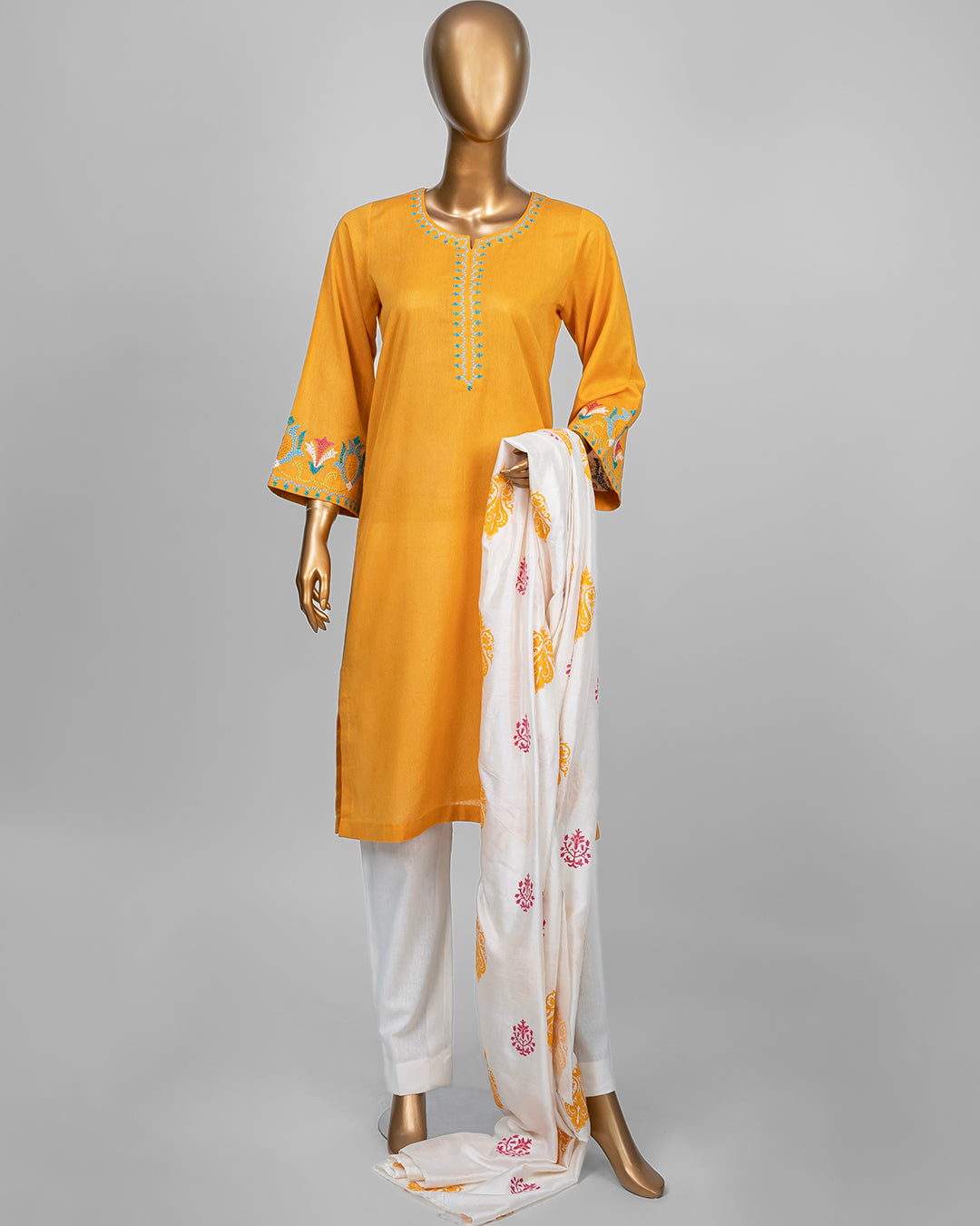 3-Piece Yellow & Offwhite Cross Stitch Embroidered Suit by Winara