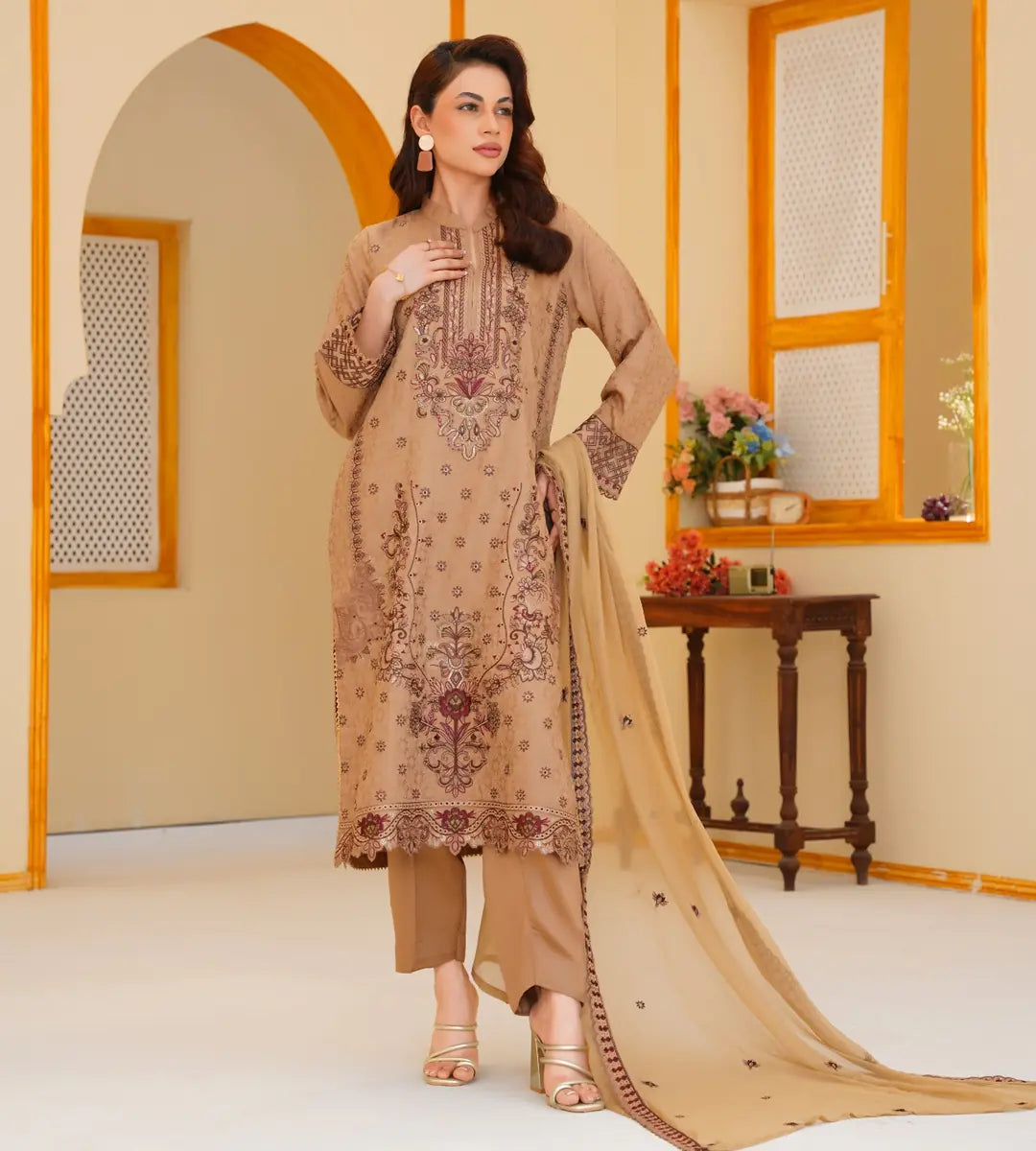 3 Piece Brown Embroidered Suit by Winara