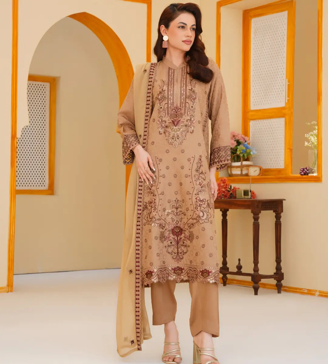 3 Piece Brown Embroidered Suit by Winara