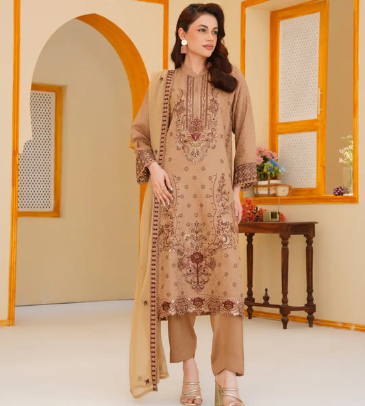 3 Piece Brown Embroidered Suit by Winara
