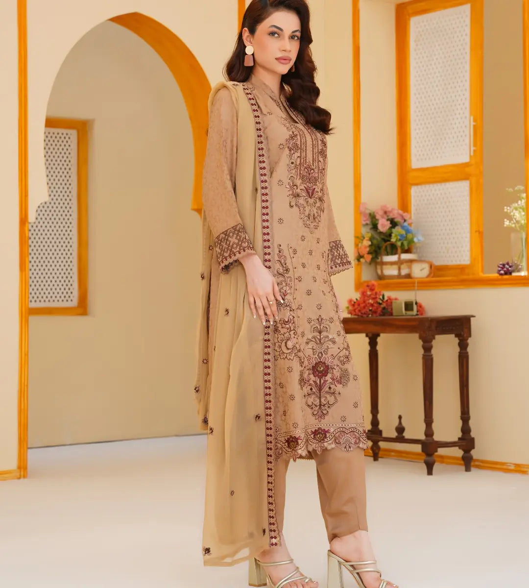 3 Piece Brown Embroidered Suit by Winara