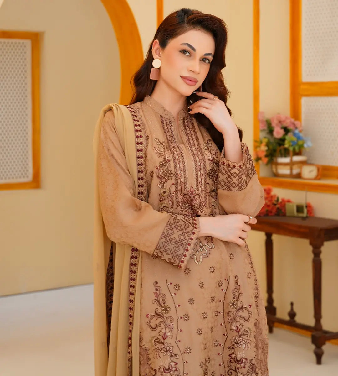 3 Piece Brown Embroidered Suit by Winara