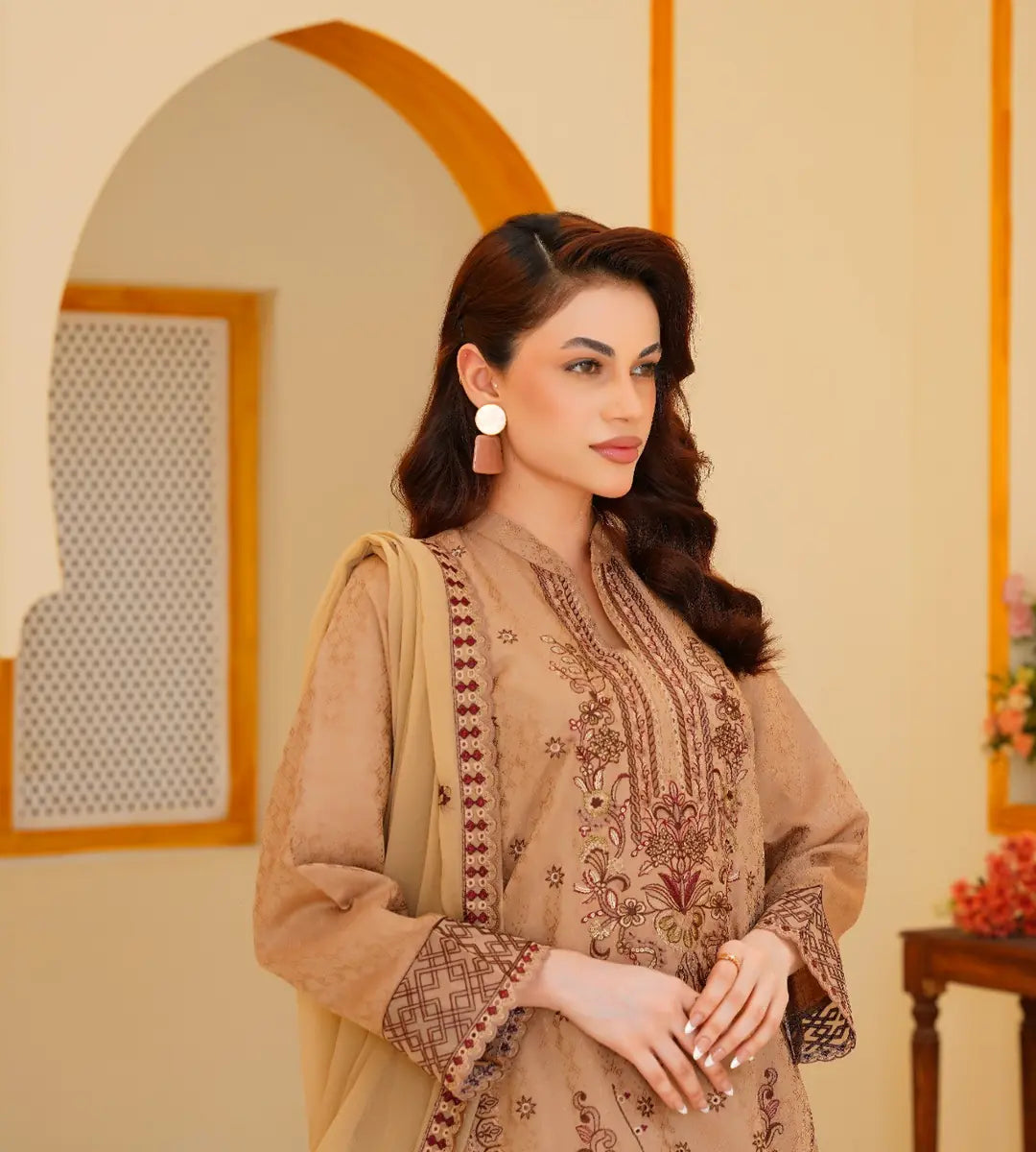 3 Piece Brown Embroidered Suit by Winara