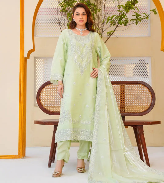 3 Piece Mint Green Embroidered Sheesha Silk Suit by Winara