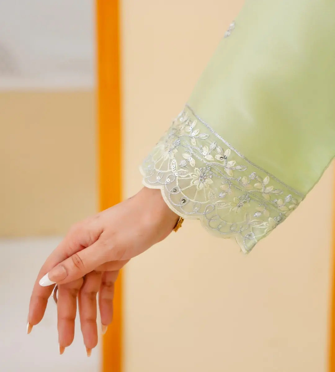 3 Piece Mint Green Embroidered Sheesha Silk Suit by Winara