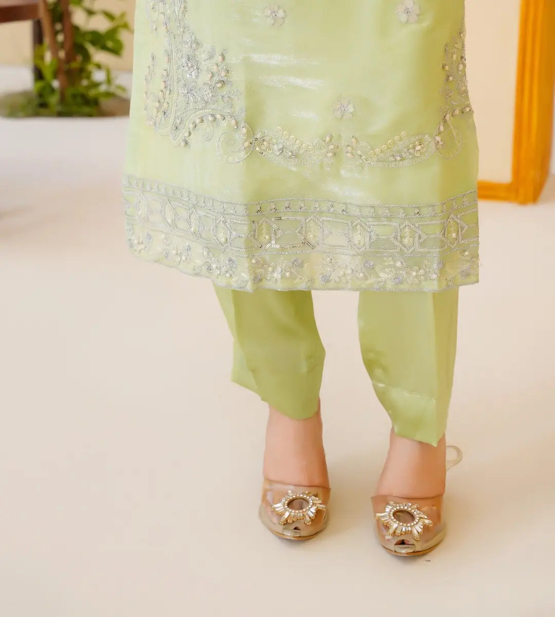 3 Piece Mint Green Embroidered Sheesha Silk Suit by Winara