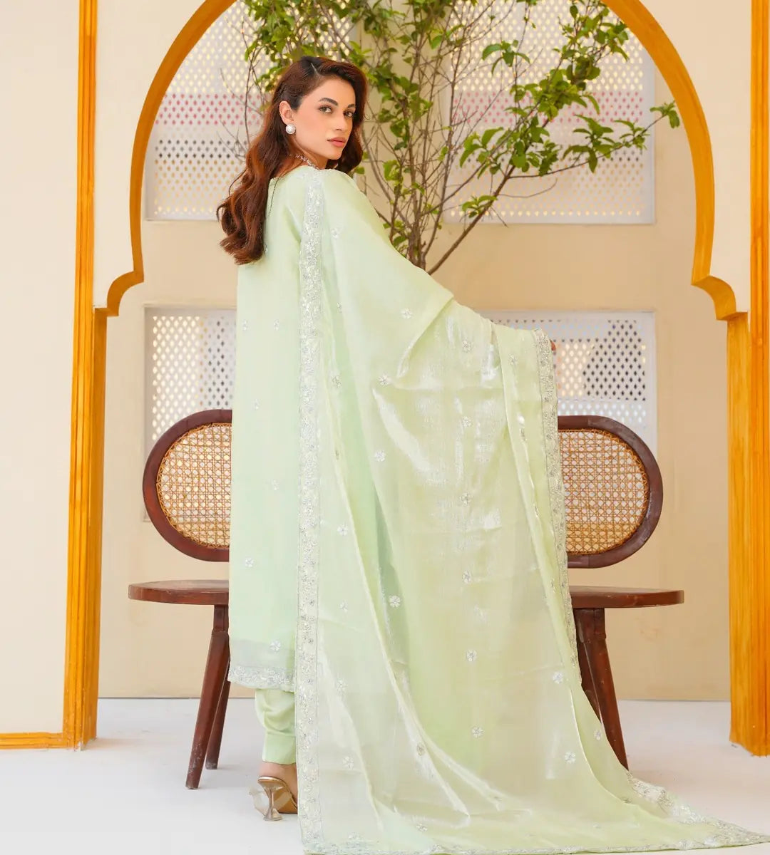 3 Piece Mint Green Embroidered Sheesha Silk Suit by Winara