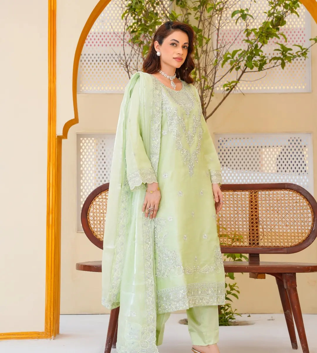 3 Piece Mint Green Embroidered Sheesha Silk Suit by Winara
