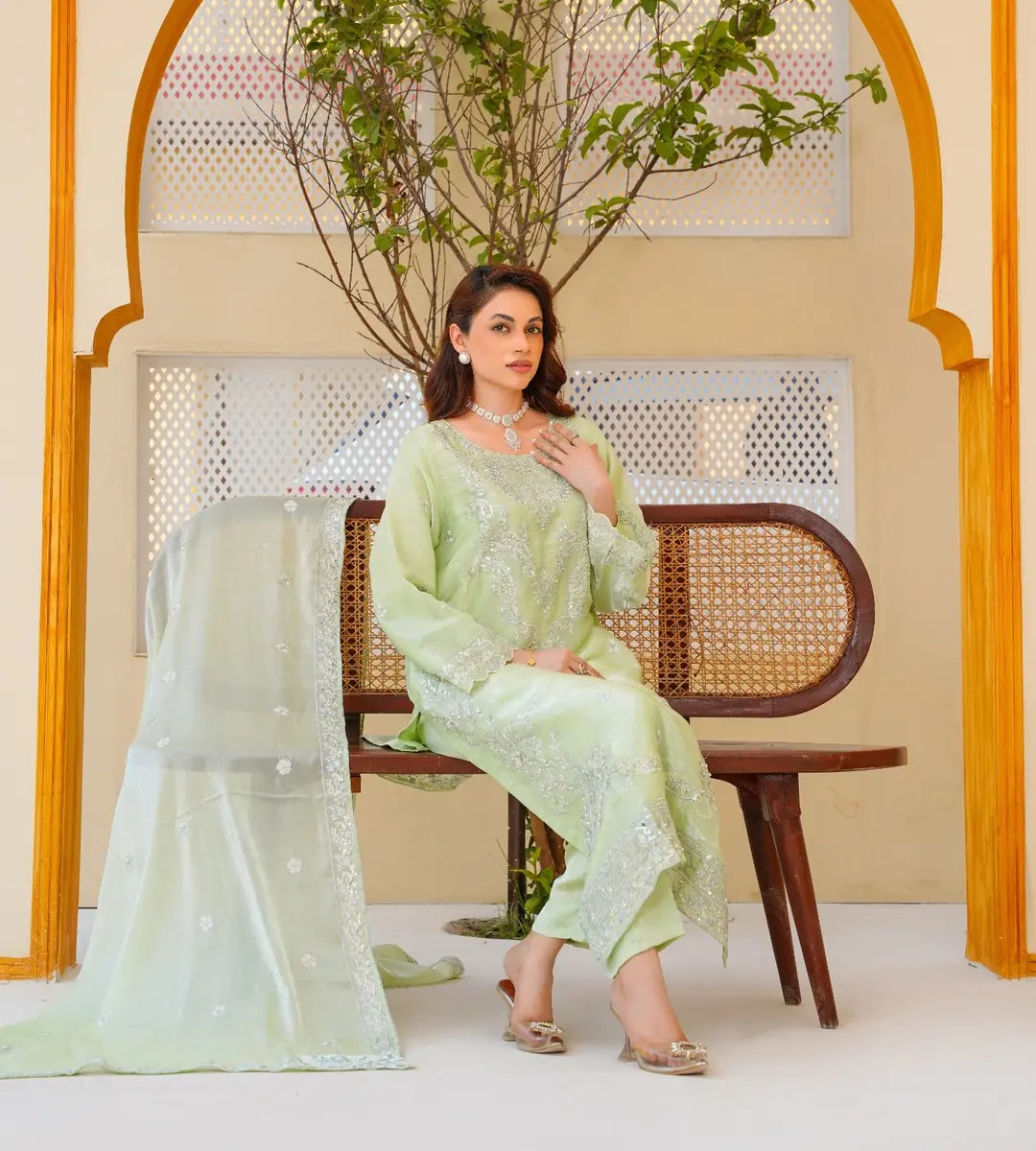 3 Piece Mint Green Embroidered Sheesha Silk Suit by Winara