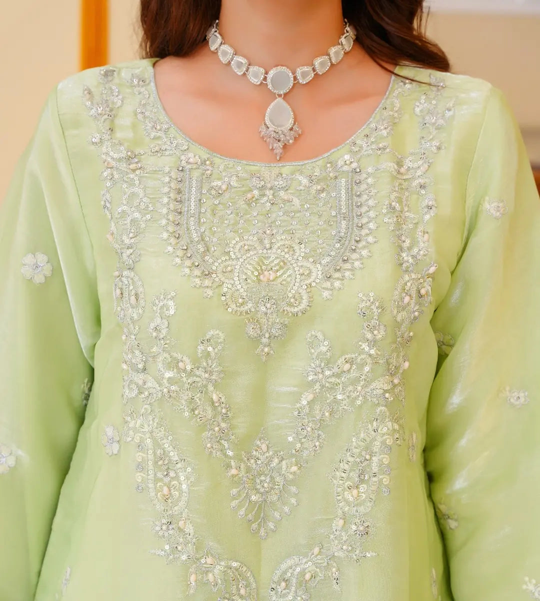3 Piece Mint Green Embroidered Sheesha Silk Suit by Winara