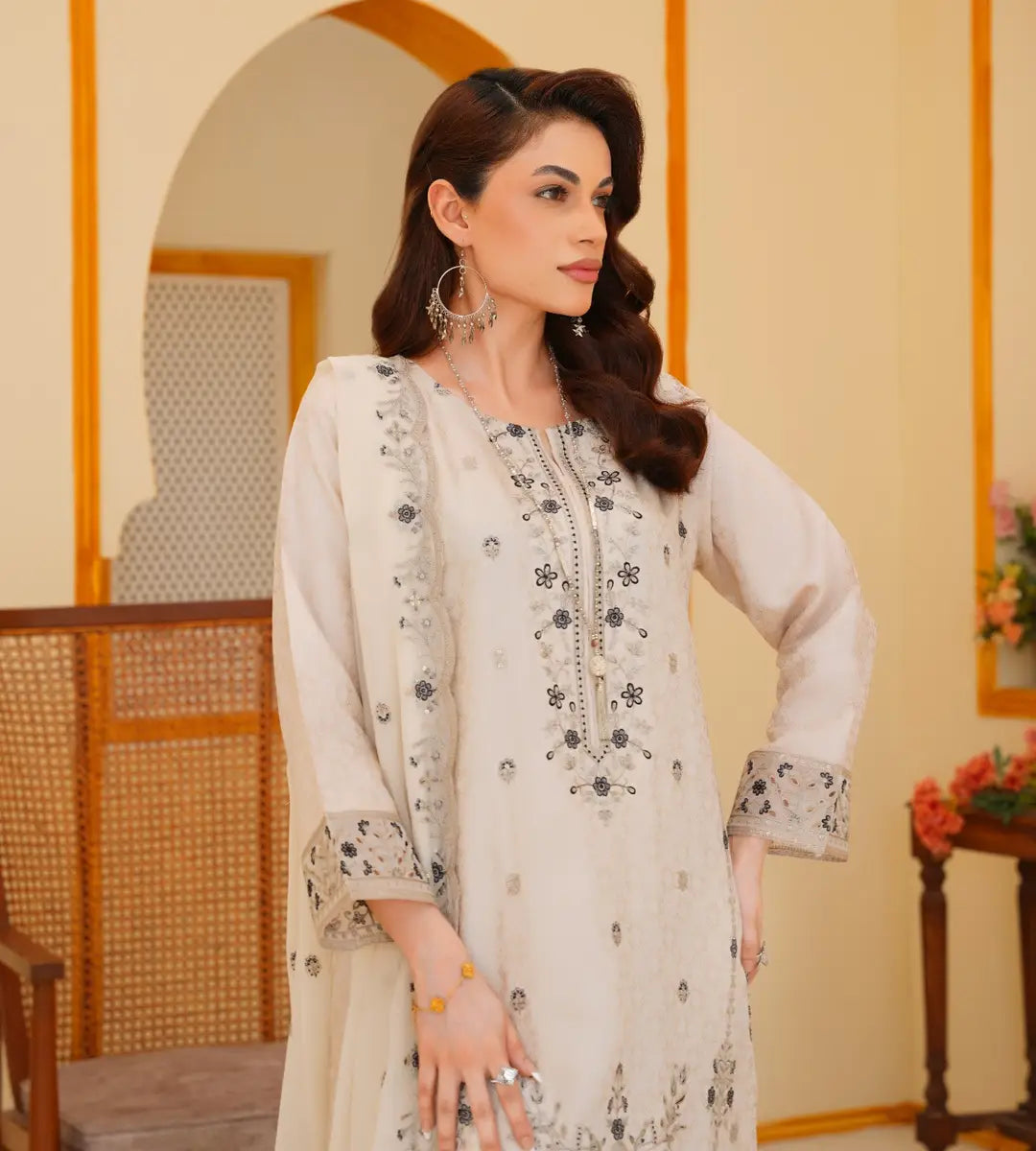 3 Piece Off-white Embroidered Suit by Winara