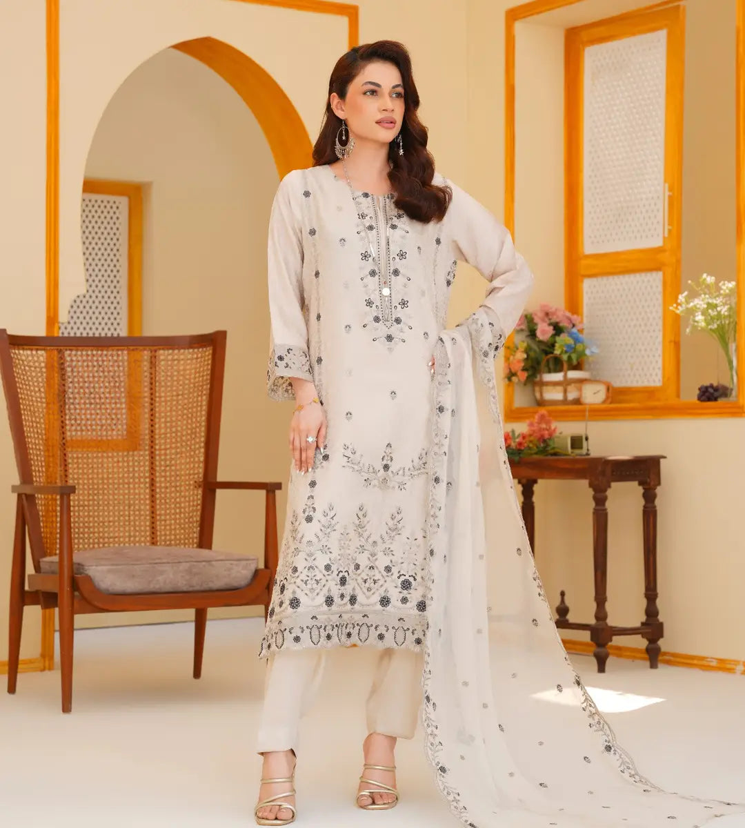 3 Piece Off-white Embroidered Suit by Winara