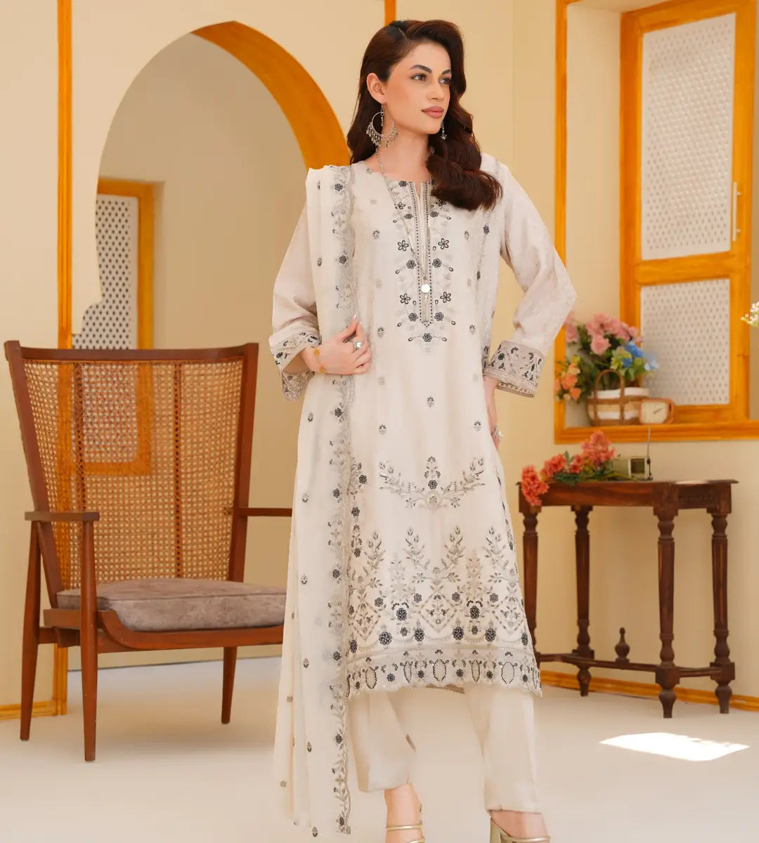 3 Piece Off-white Embroidered Suit by Winara