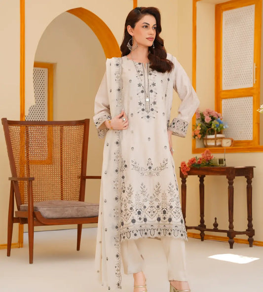3 Piece Off-white Embroidered Suit by Winara