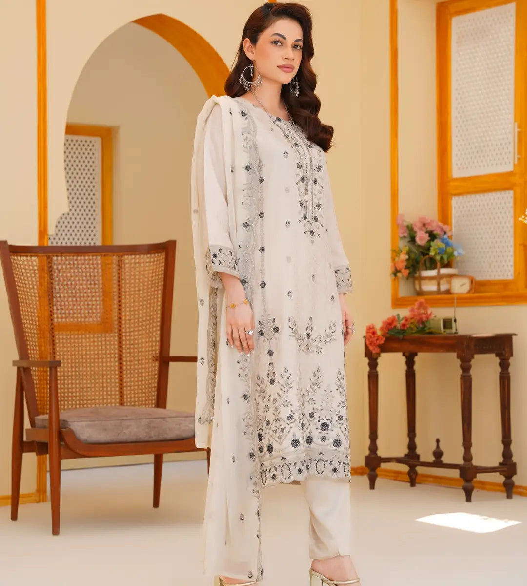 3 Piece Off-white Embroidered Suit by Winara