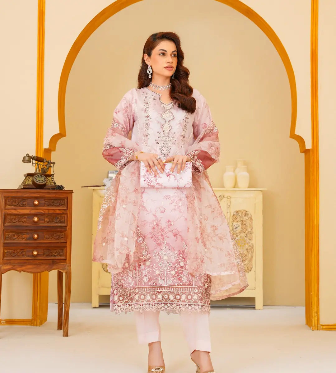 3 Piece Pink Detailed Embroidered Organza Suit by Winara