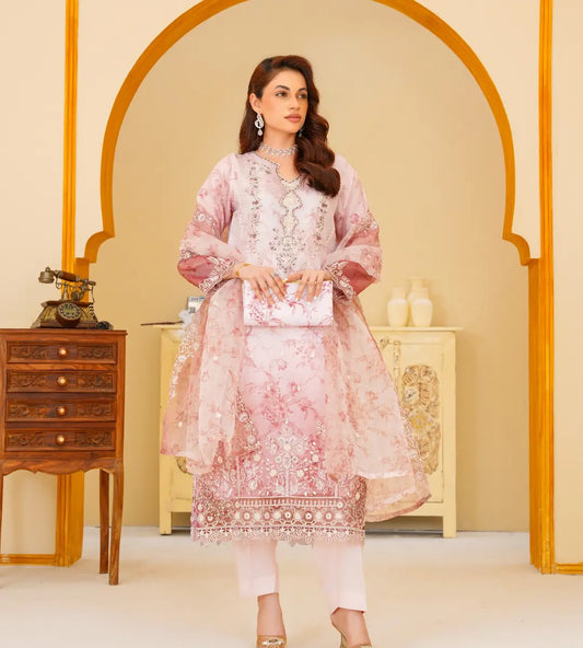 3 Piece Pink Detailed Embroidered Organza Suit by Winara