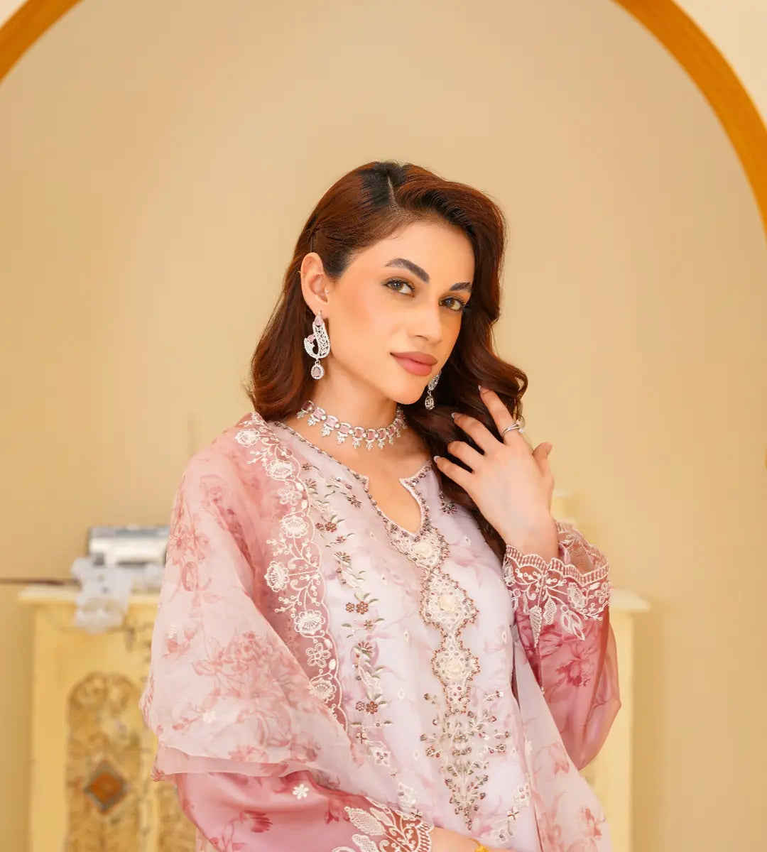3 Piece Pink Detailed Embroidered Organza Suit by Winara
