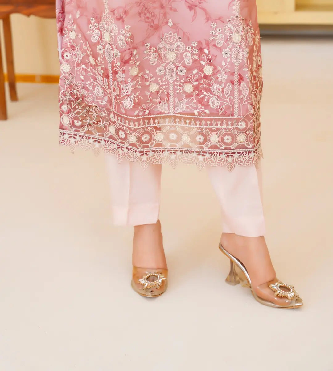 3 Piece Pink Detailed Embroidered Organza Suit by Winara