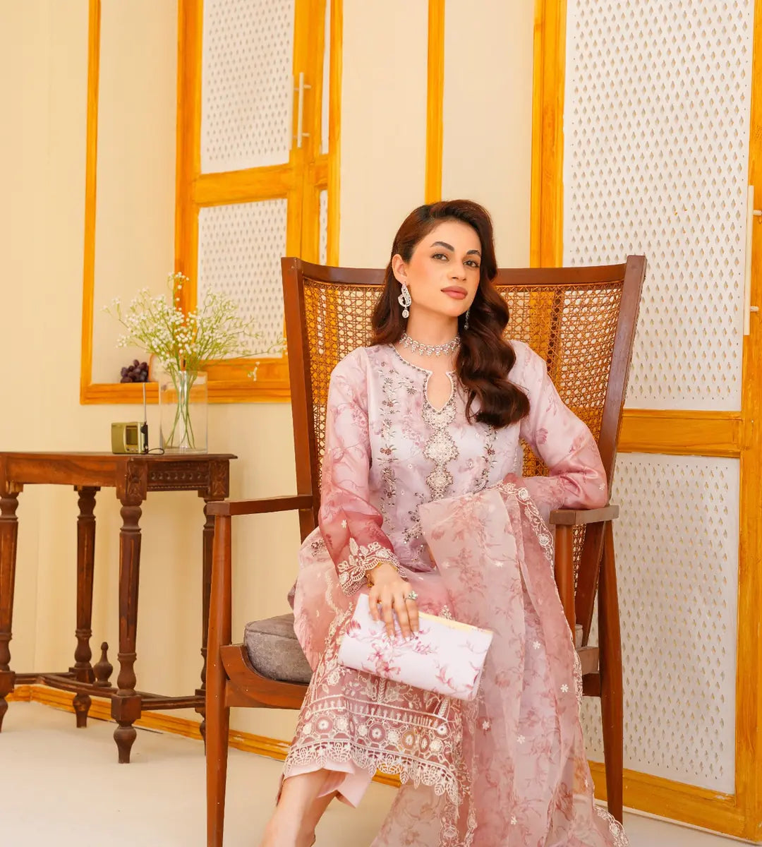 3 Piece Pink Detailed Embroidered Organza Suit by Winara