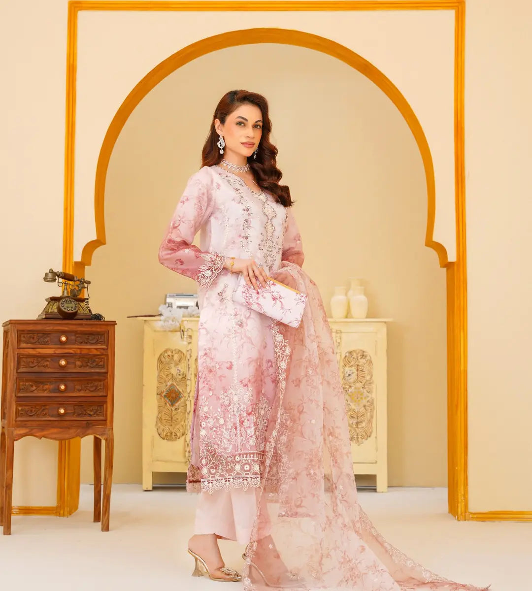 3 Piece Pink Detailed Embroidered Organza Suit by Winara