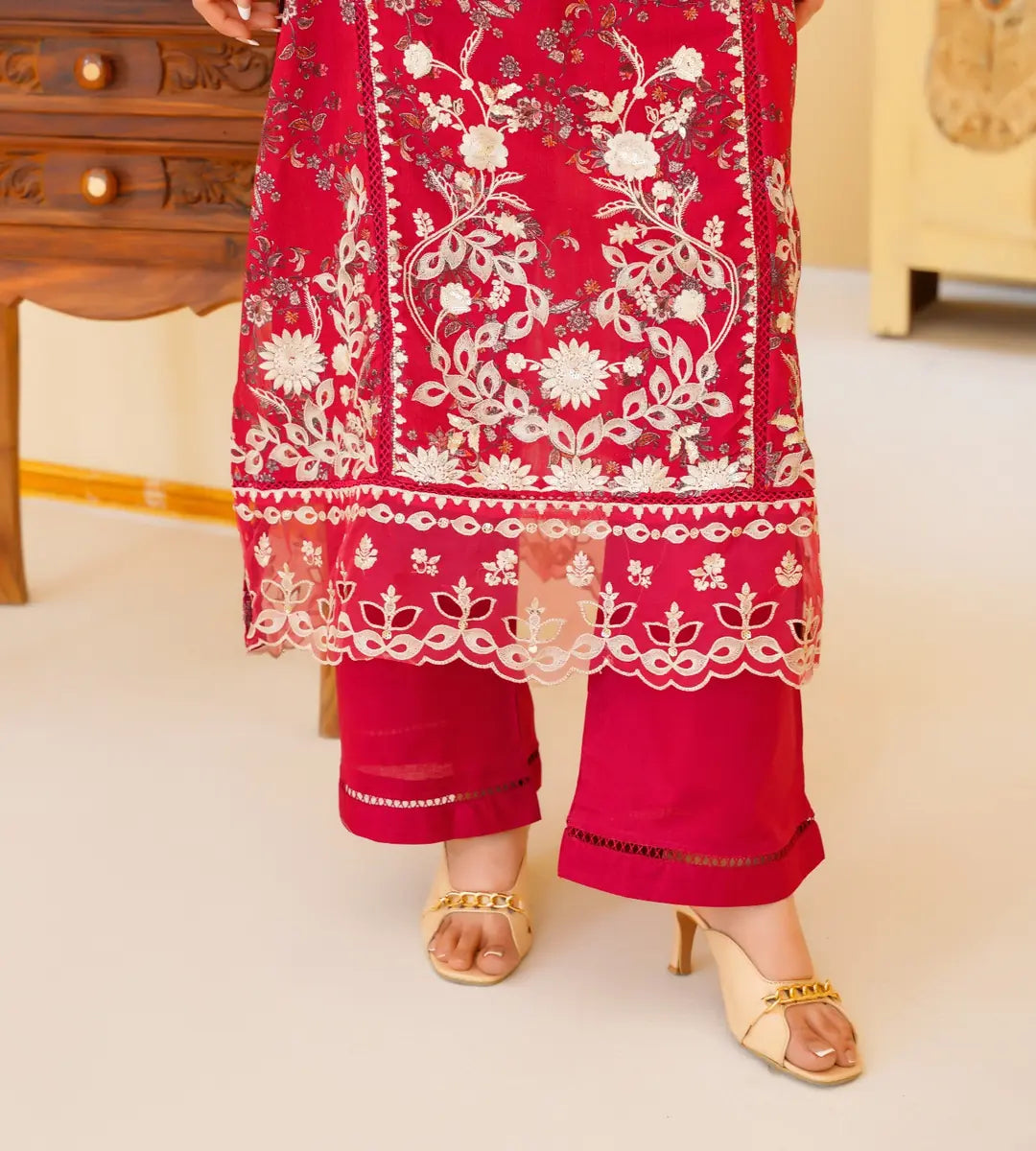 3 Piece Red Floral Embroidered Lawn Suit by Winara